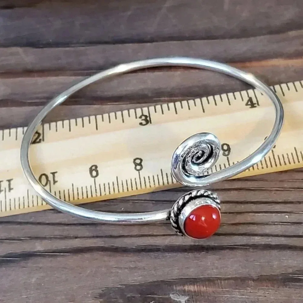 Handcrafted Red Coral Swirl Gemstone Sterling Silver Overlay Artisan Cuff Bracel